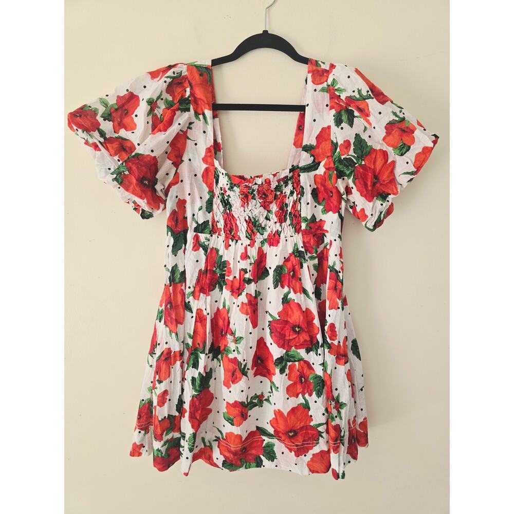 Anthropologie Maeve Floral Square Neck Smocked Babydoll Mini Dress Red M - Picture 5 of 12